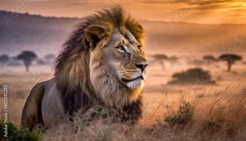 Lion on the savanna wilderness, in soft morning.