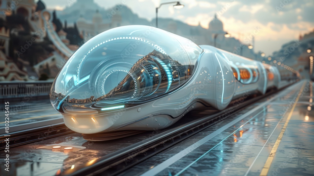 Futuristic Train on Track in Rain Futuristic Train on Track in Rain