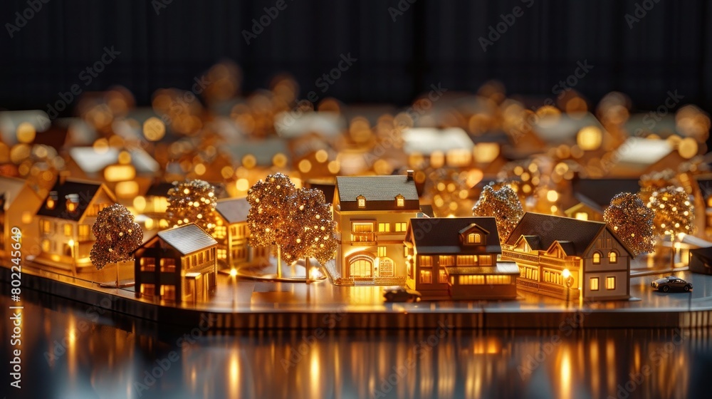 Golden Miniature Town with Minimal Homes, Cars and Street on Black Background Golden Miniature Town with Minimal Homes, Cars and Street on Black Background