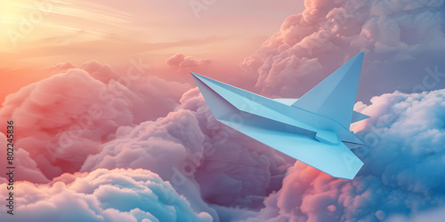 A paper air plane is flying above the clouds photo