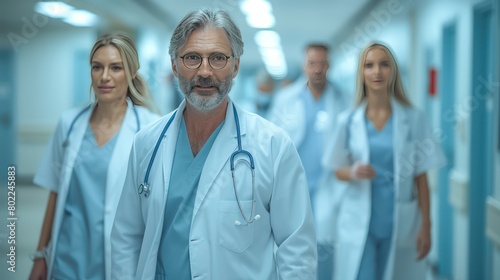 Group of Doctors Walking Down Hospital Hallway