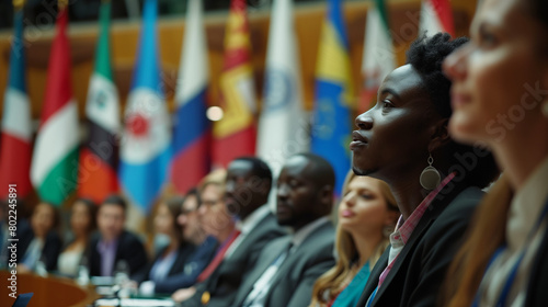 Politiker Delegierte hören aufmerksam zu bei einer internationalen Konferenz mit globalen Flaggen
 photo