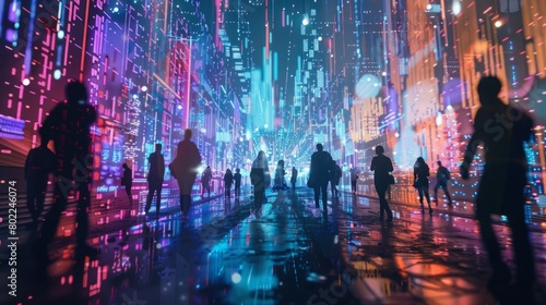 Diverse group of individuals walking through a modern, high-tech city with advanced architecture and glowing lights.