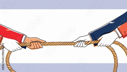 Tug war competition with rope. Hands pulling rope together, teamwork concept. photo
