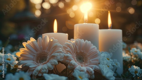 Memorial Tribute: Close-Up of White Flowers and Candles at Outdoor Funeral