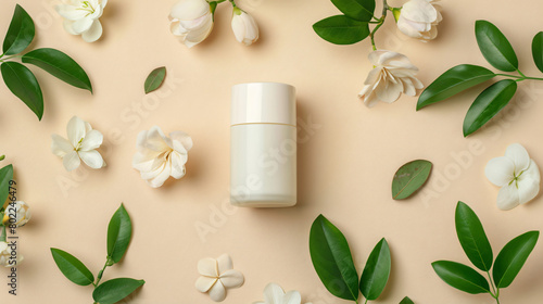 Deodorant with flowers and leaves on beige background