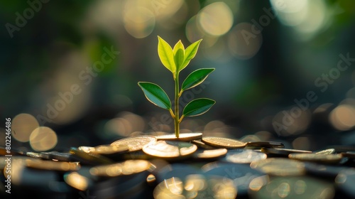 Plant growing from coins, representing the economic benefits of sustainable practices under ESG guidelines