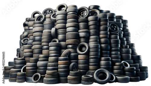 A pile of old tires stacked on top of each other, white background, transparent background photo