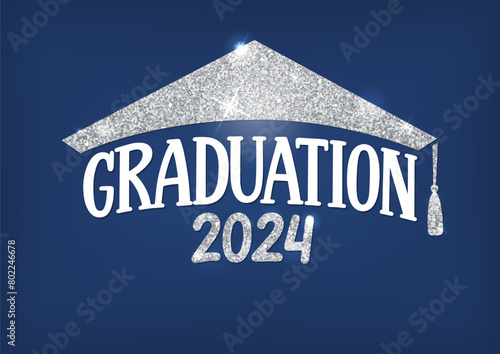 Graduation 2024. Lettering in form of silver glitter cap. Vector illustration on blue background.