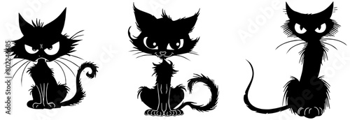 Set of three cartoon halloween cats in black, isolated 