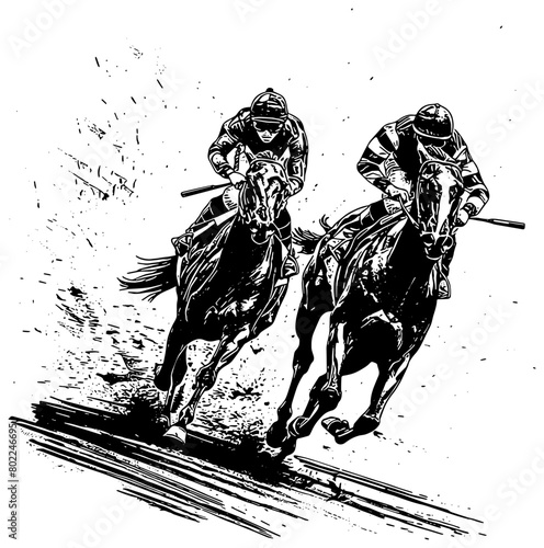Illustration of two horses and jockeys in a race on a track throwing mud