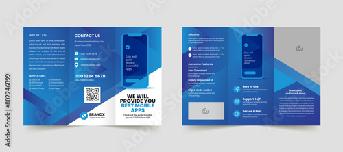 Mobile app promotion trifold business brochure template. Creative and Professional brochure design. Simple and minimalist promotion layout with blue color.