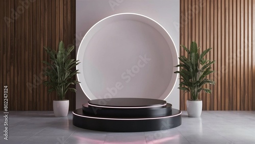 Empty podium with line gradient neon ring on background. Vector 3d render. illustration with abstract scene  with neon frame. Minimal stage with vibrant glow circle led lamp photo