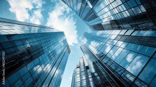 Modern glass buildings reflecting the sky  symbolizing transparency and sustainability in corporate ESG practices.