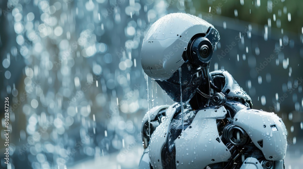 Robot Standing in Rain With Helmet Robot Standing in Rain With Helmet