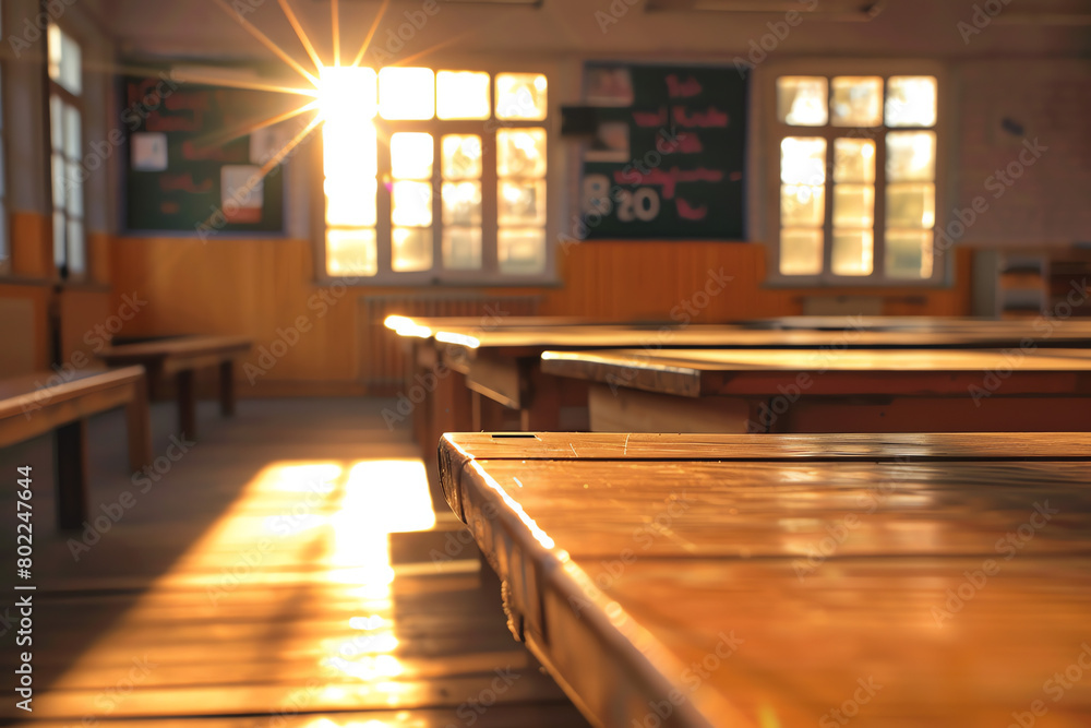 Naklejka premium Sunlight streaming through classroom windows, illuminating wooden desks in a quiet school in the morning