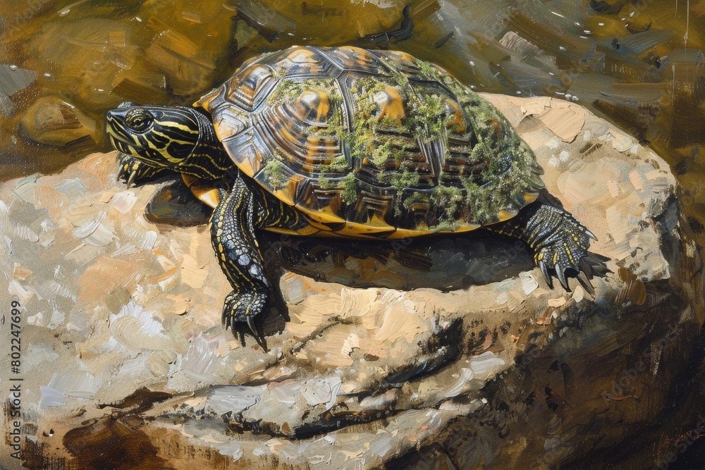 Illustrate a serene low-angle perspective of a turtle basking in the sun, its textured shell reflecting sunlight in a hyper-realistic oil painting Illustrate a serene low-angle perspective of a turtle basking in the sun, its textured shell reflecting sunlight in a hyper-realistic oil painting