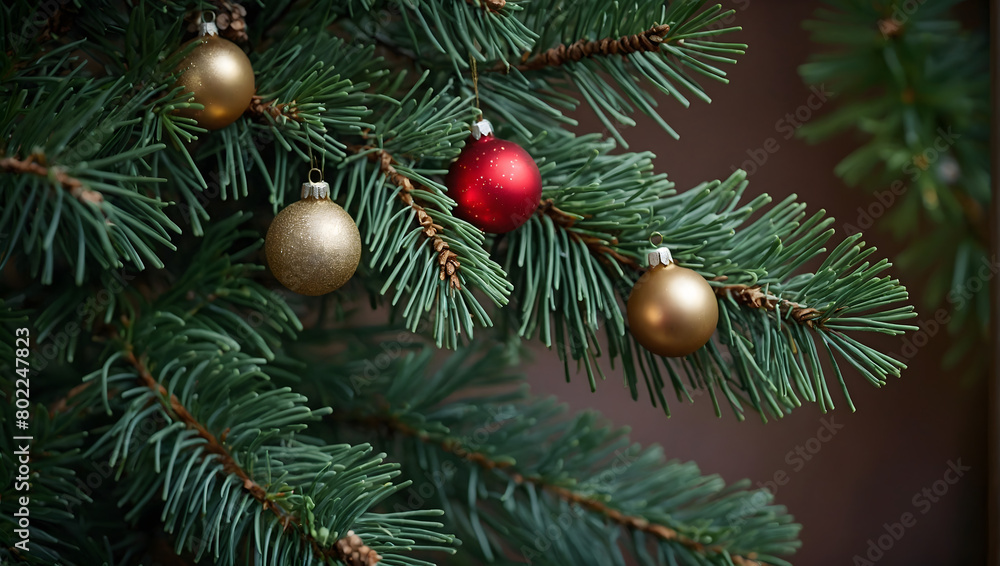 a festive pine twig, Capture the holiday spirit with a lush green pine adorned with ornaments.