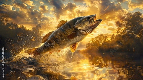 Giant bass surges from calm waters under golden dawn sky near a tranquil woodland edge