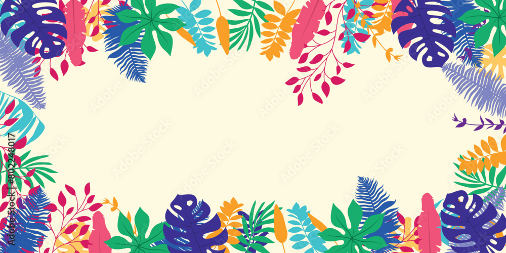 Summer background, banner, abstract ponorama with tropical leaves in a colorful design.