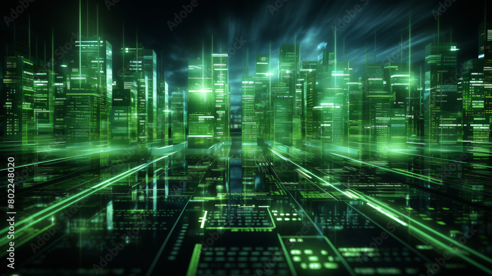 A cityscape with a green tint and a futuristic feel A cityscape with a green tint and a futuristic feel
