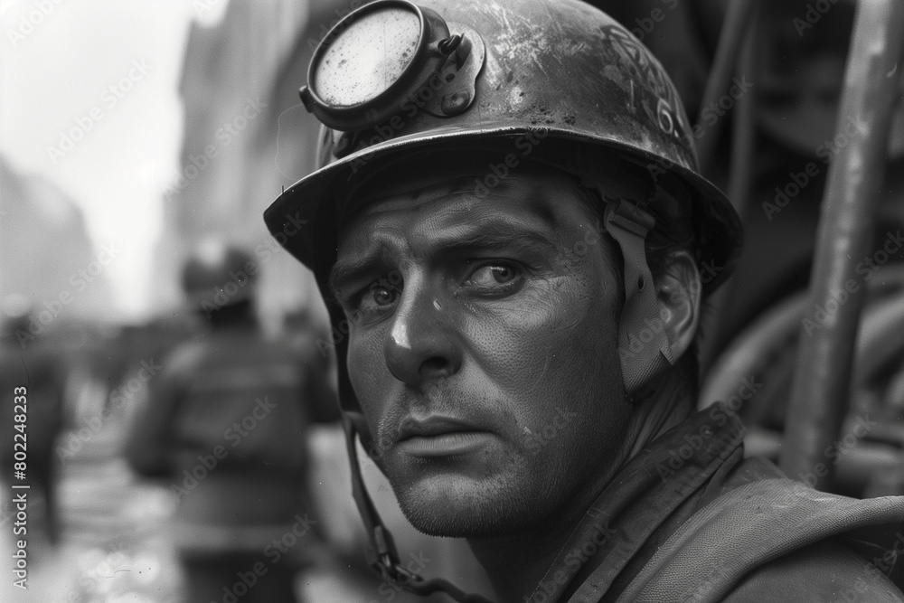 Portrait of a mining professional in a hard hat, black and white Portrait of a mining professional in a hard hat, black and white