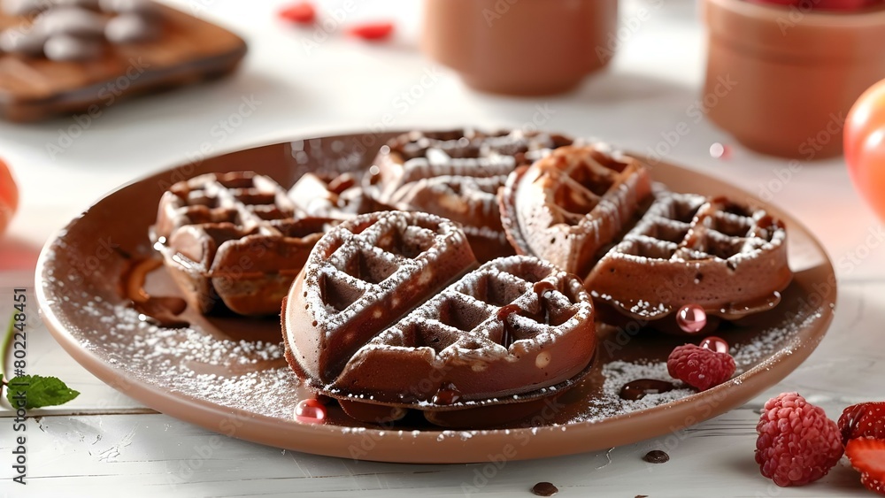 Heartshaped chocolate waffles on a brown ceramic plate for Valentines Day. Concept Valentine's Day Treats, Heart-shaped Waffles, Chocolate Delight, Romantic Breakfast, Food Photography
