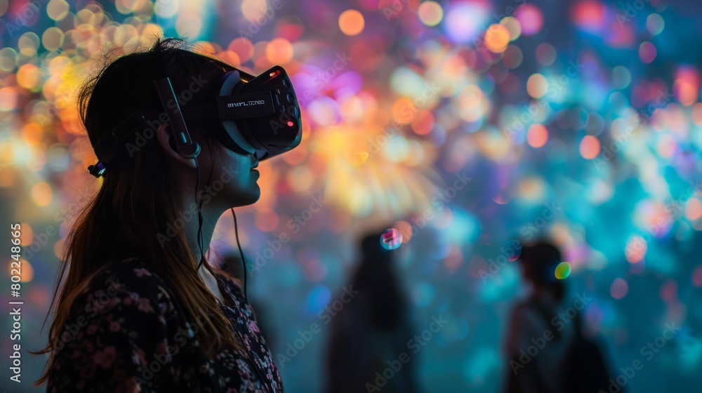 A woman, wearing a virtual reality headset, is standing in front of a display of fireworks.