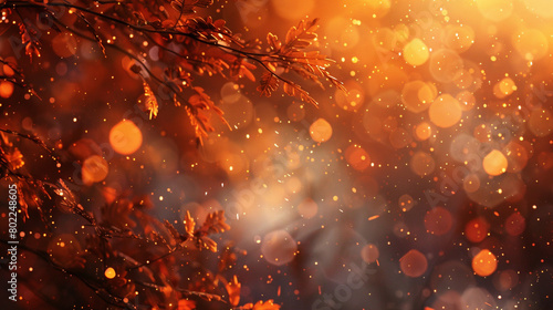 Burnt sienna particles flickering with warmth against a misty, blurred background, reminiscent of autumnal coziness.