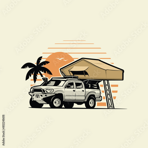 Pickup truck camper caravan trailer motorhome in beach scenery vector illustration. Best for camping and outdoor camping related industry © bonky