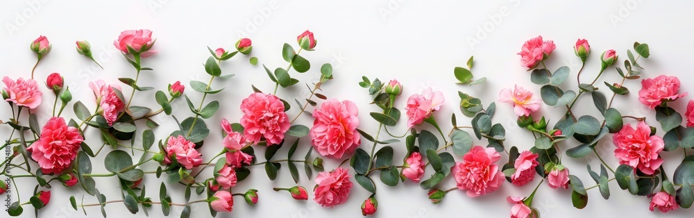 Floral Frame with Pink Flowers and Eucalyptus on White Background - Valentine's Day, Mother's Day, Women's Day Concept Flat Lay Top View