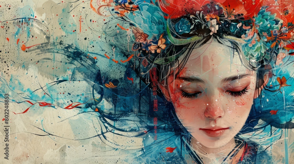A beautiful watercolor painting of a young woman with a wreath of flowers in her hair. The background is a light blue with splashes of color.