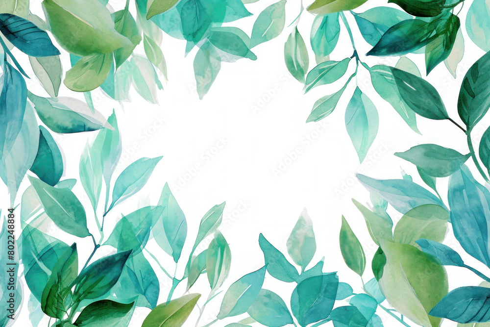 Naklejka premium Closeup of vibrant green leaves in watercolor painting on white background with copy space for text