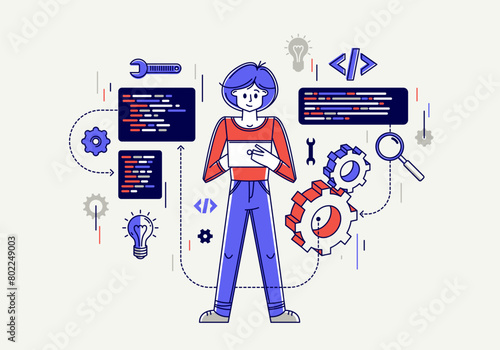 Computer engineer in work vector outline illustration, programmer and system administrator doing his job with some operating system,