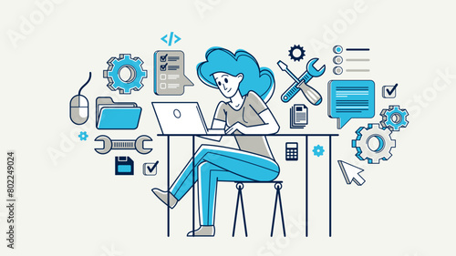Technician computer engineer woman repairing pc vector outline illustration, fixing system work with software and hardware, system administrator.