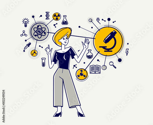 Scientist working on some science research or invention, discovering theory and making an experiments, vector outline illustration, physics and chemistry.