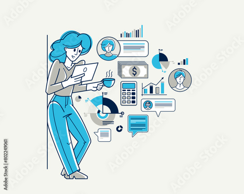 Busy business woman working on some commercial project online vector outline illustration, entrepreneur analyzing virtual financial data, e-business.
