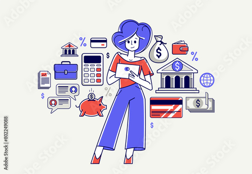 Online banking vector outline illustration, woman manager working with finances or customer manages her account with deposit or credit, e-banking.