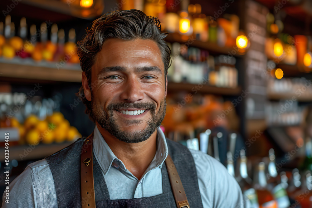 Bartender in the bar smiling. Advetisement design, banner, small buisness concept. Bartender in the bar smiling. Advetisement design, banner, small buisness concept.