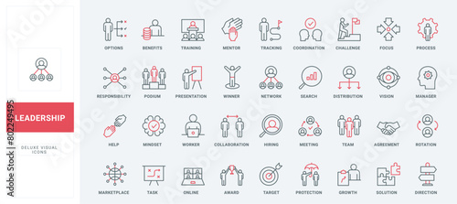 Leadership and business leaders options line icons set. Career challenge and partnership, team structure and network, managers work organization thin black and red outline symbols vector illustration