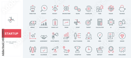 Business startup line icons set. Direction arrow for success and development, light bulb, puzzle and trend idea, savings deposit and investment thin black and red outline symbols vector illustration