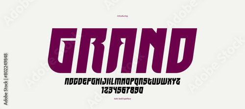 Geometric italic bold elegant sans serif typeface, vector thick minimal simple minimal font, retro poster and advertising letters and numbers alphabet for logos headers or slogans.