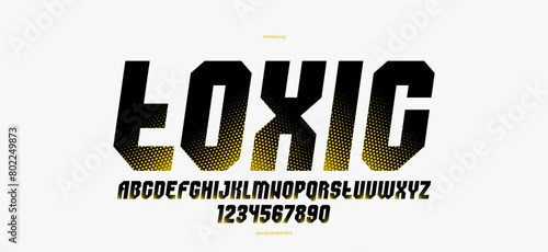Halftone dotted geometric brutal and bold typeface for logos and posters, vector urban industrial font, modern display typography in cyberpunk futuristic style, italic version.