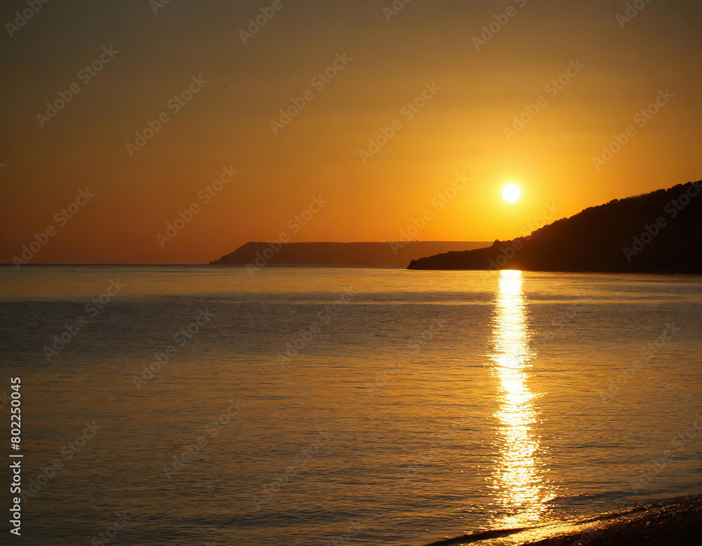 Peaceful orange sunset over the calm beach with mountains background in Mediterranean Peaceful orange sunset over the calm beach with mountains background in Mediterranean