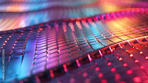 Close-up of a circuit board with multi-colored lights reflecting off of its surface.