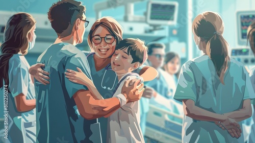 A child hugging a doctor or nurse while other medical professionals look on.
