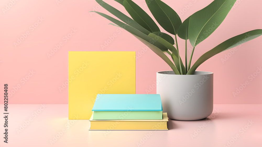 A stack of books and a potted plant sit on a table A stack of books and a potted plant sit on a table