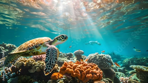 Fototapeta Naklejka Na Ścianę i Meble -  Sea turtle elegantly glides through colorful coral reef with sunlight streaming down. Concept Underwater Photography, Marine Life, Sunlight, Coral Reef, Sea Turtle