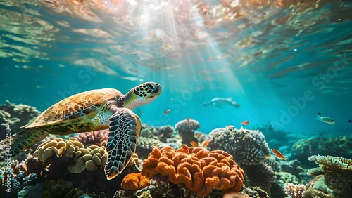 Sea turtle elegantly glides through colorful coral reef with sunlight streaming down. Concept Underwater Photography, Marine Life, Sunlight, Coral Reef, Sea Turtle photo
