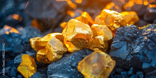 Chunks of gold mined with a pickaxe, minerals.